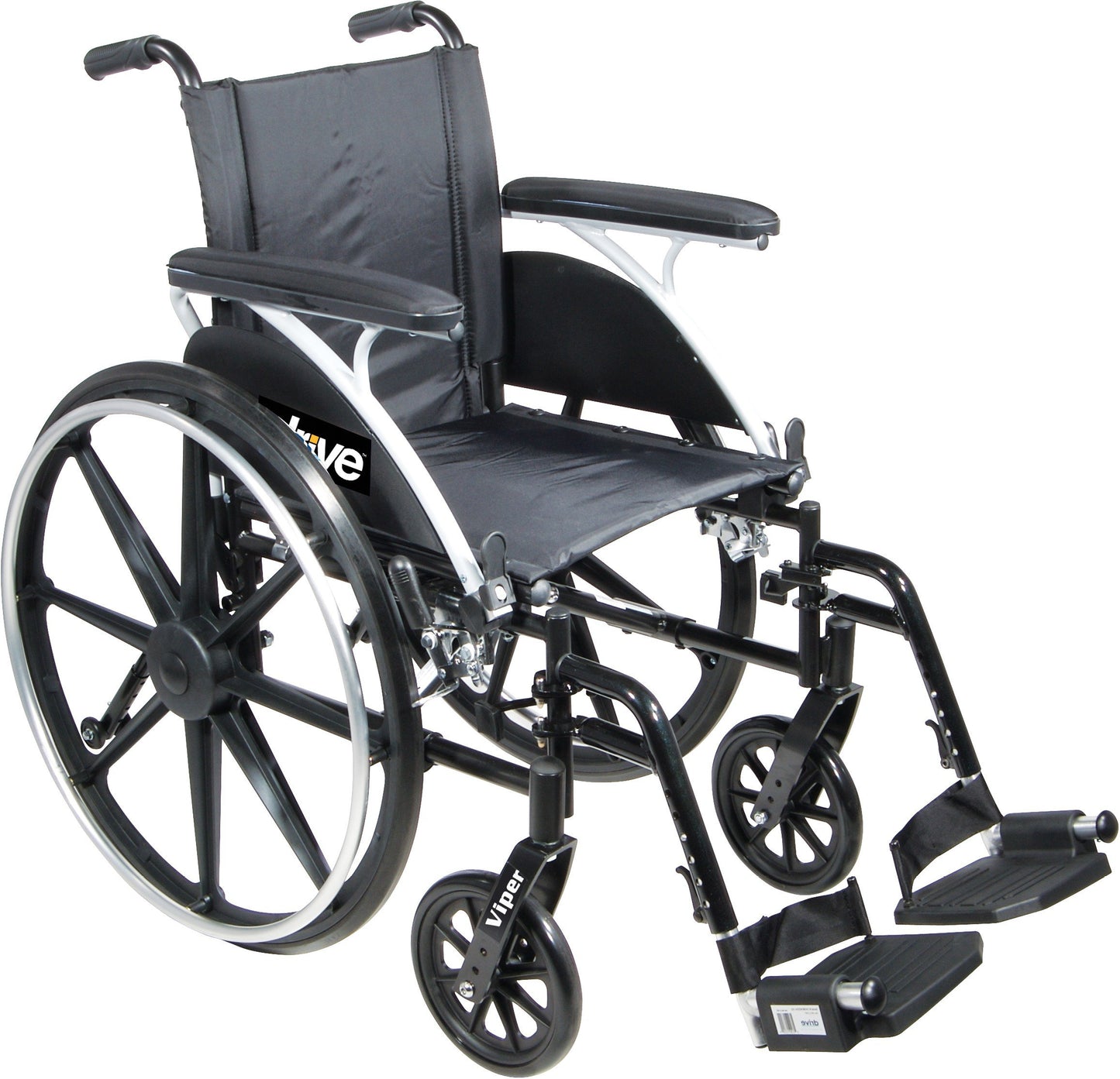 black drive wheelchair with elevating legrest and removable padded armrests.