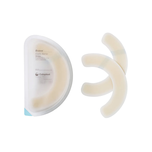 Beige color, half hollow moon shape, 5-1/2 Inch Long, Brava elastic barrier strips. For ostomy use. Skin-friendly and latex-free.