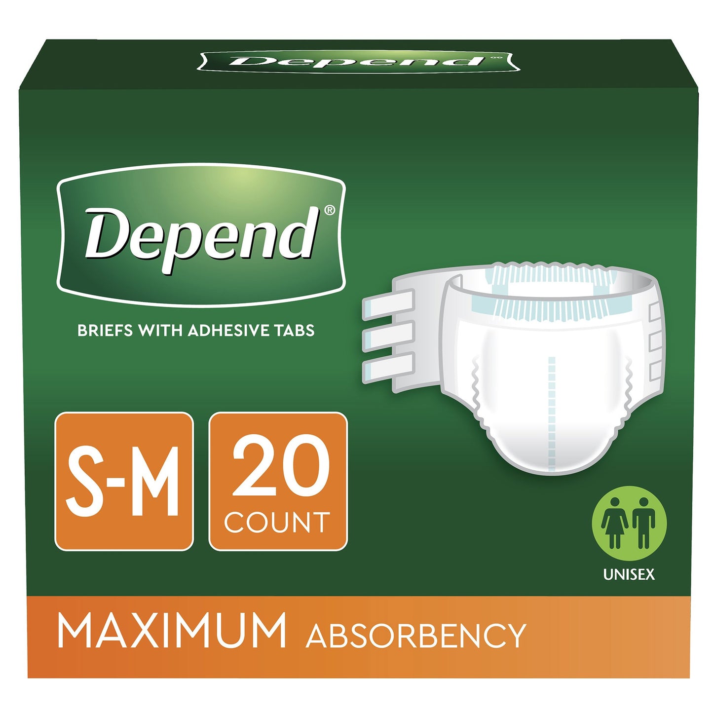 Depend briefs with adhesive tabs Small-Medium. 20 count. Maximum absorbency. Unisex