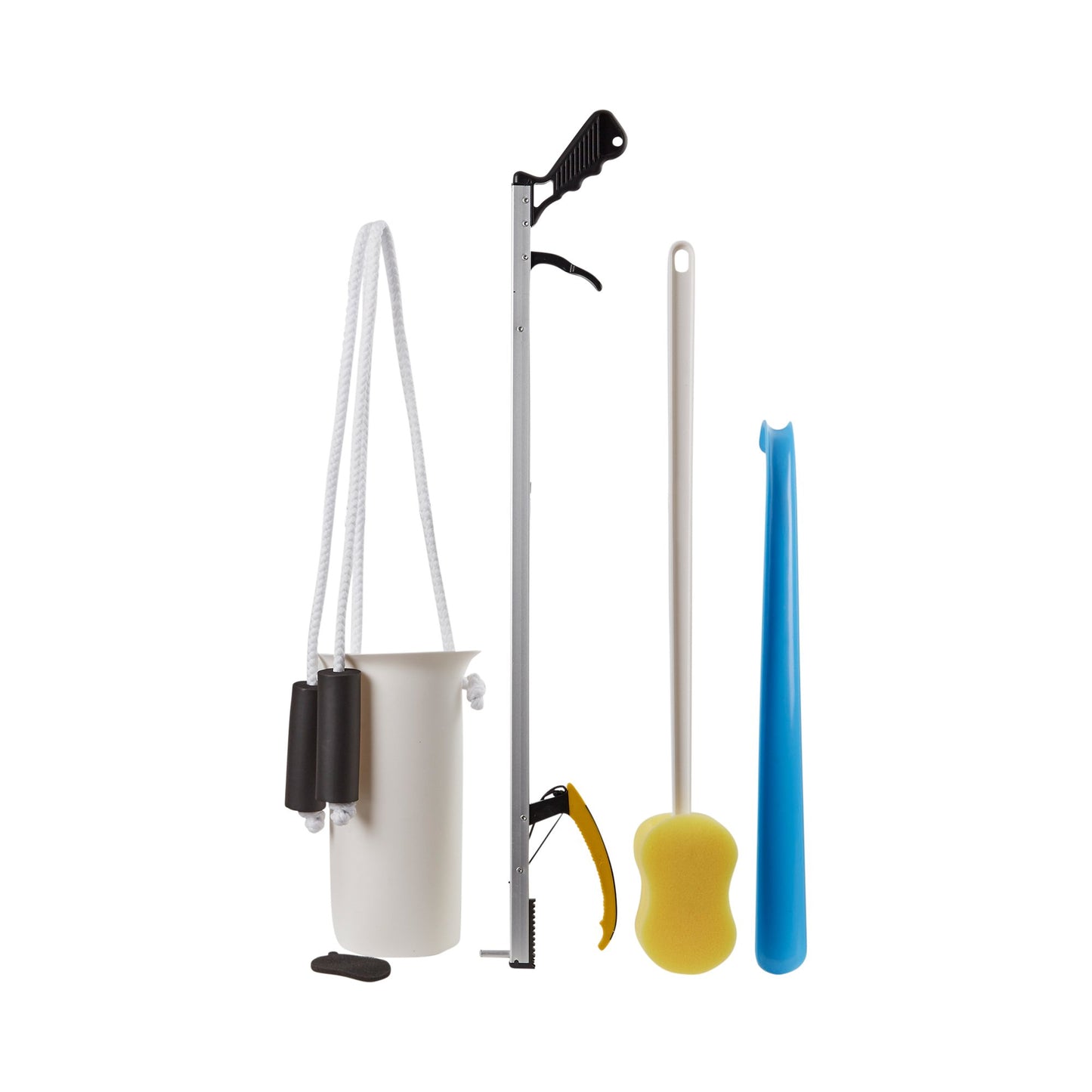 ADL kit includes Reacher - 26 Inch Length / Shoehorn - 18 Inch Length, sock aid, handled bath sponge