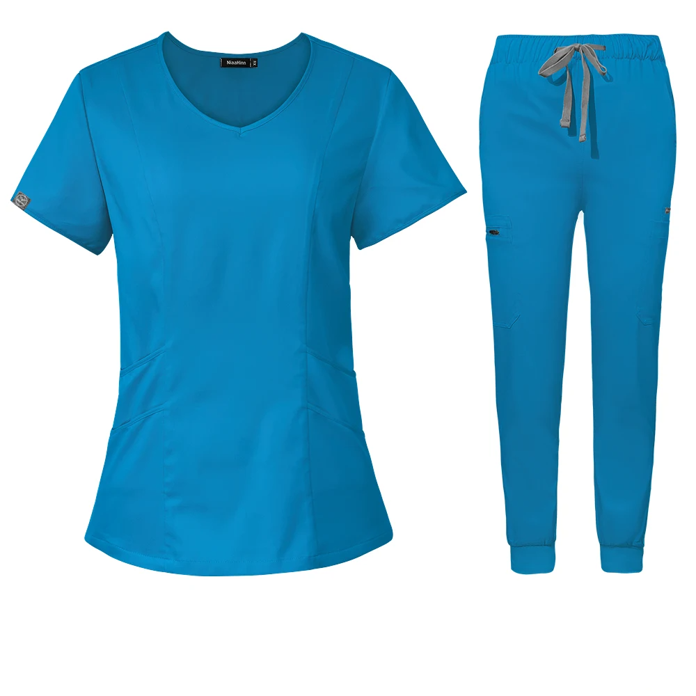 blue scrub set scoop neck style with jogger-style pants with elastic waistband and adjustable drawstrings