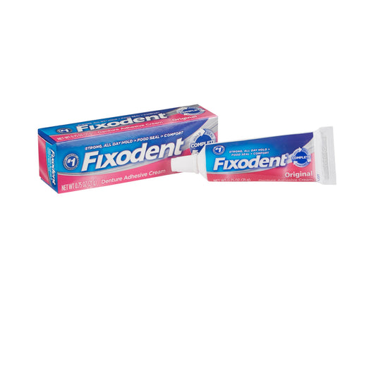 A box and a tube of fixodent original denture adhesive cream. 0.75 oz.