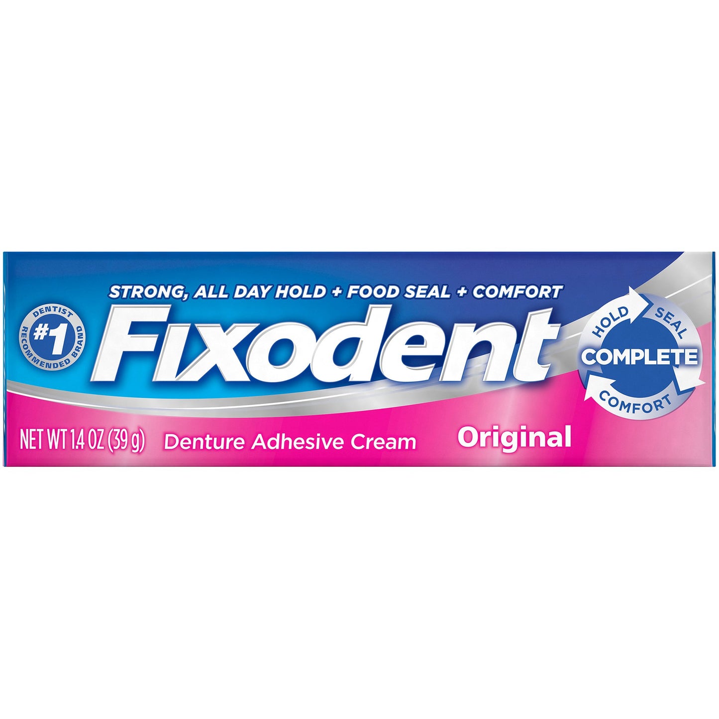 A box of fixodent denture adhesive cream. strong, all day hold + food seal + comfort