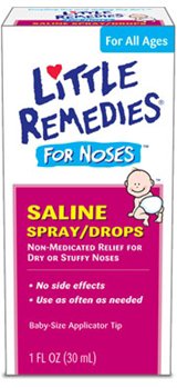 a box of little remedies for noses saline spray/drops non medicated relief for dry or stuffy noses. 1 fl oz bottle