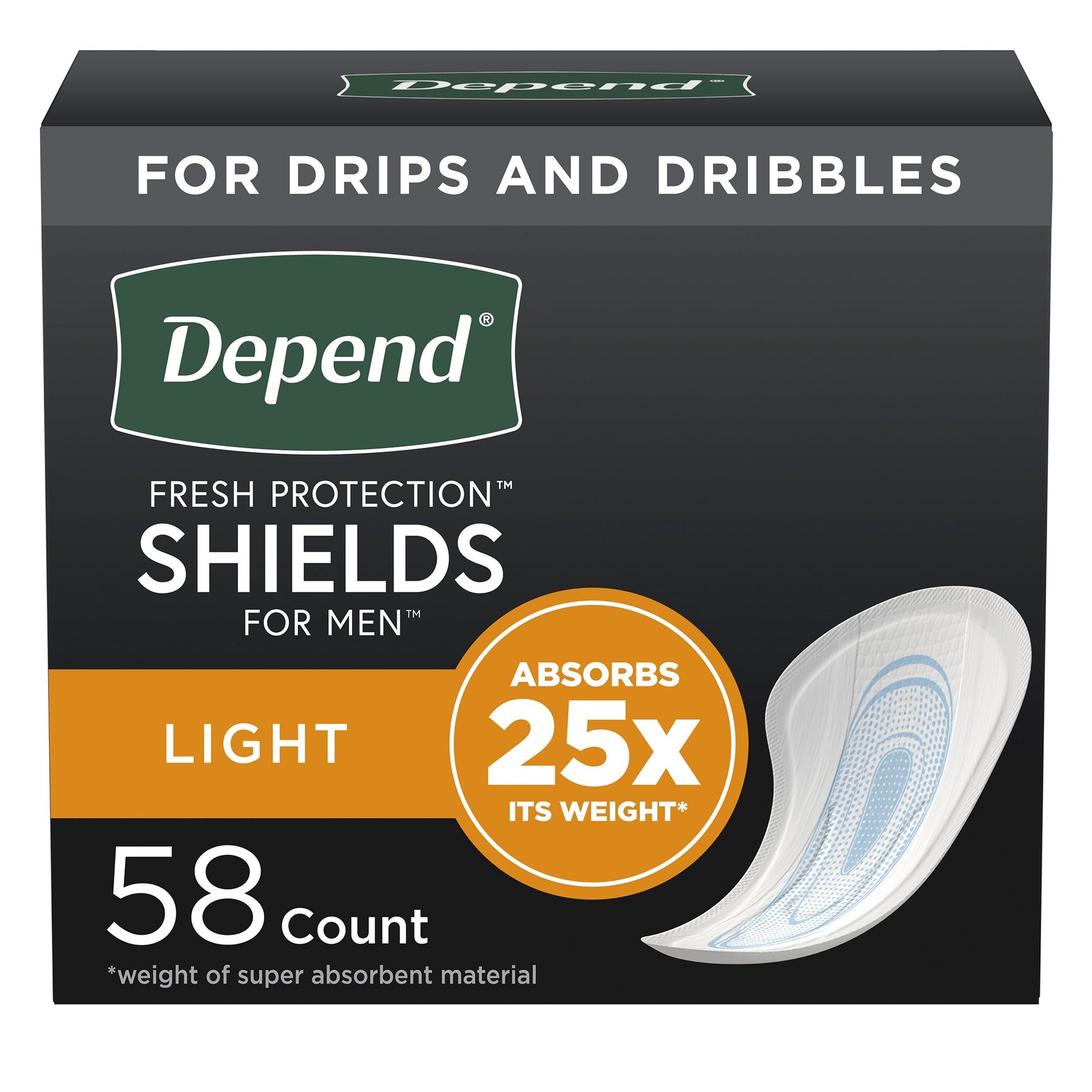 depend shields for men. light absorbency for drips and dribbles. absorbs 25x its weight. 58 count per box.