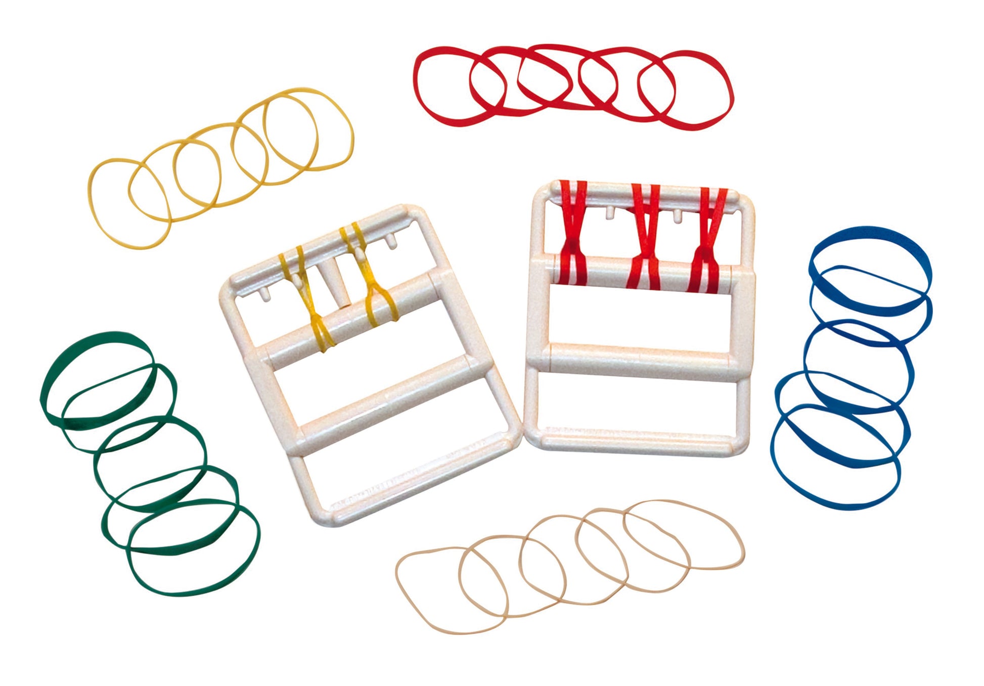 a variety of rubber hand exercises. 5 bands of each color: yellow, red, green, blue, and white.