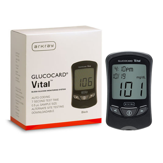 a box of glucocard vital glucometer. Black glucometer with a big screen with time, date and result number.