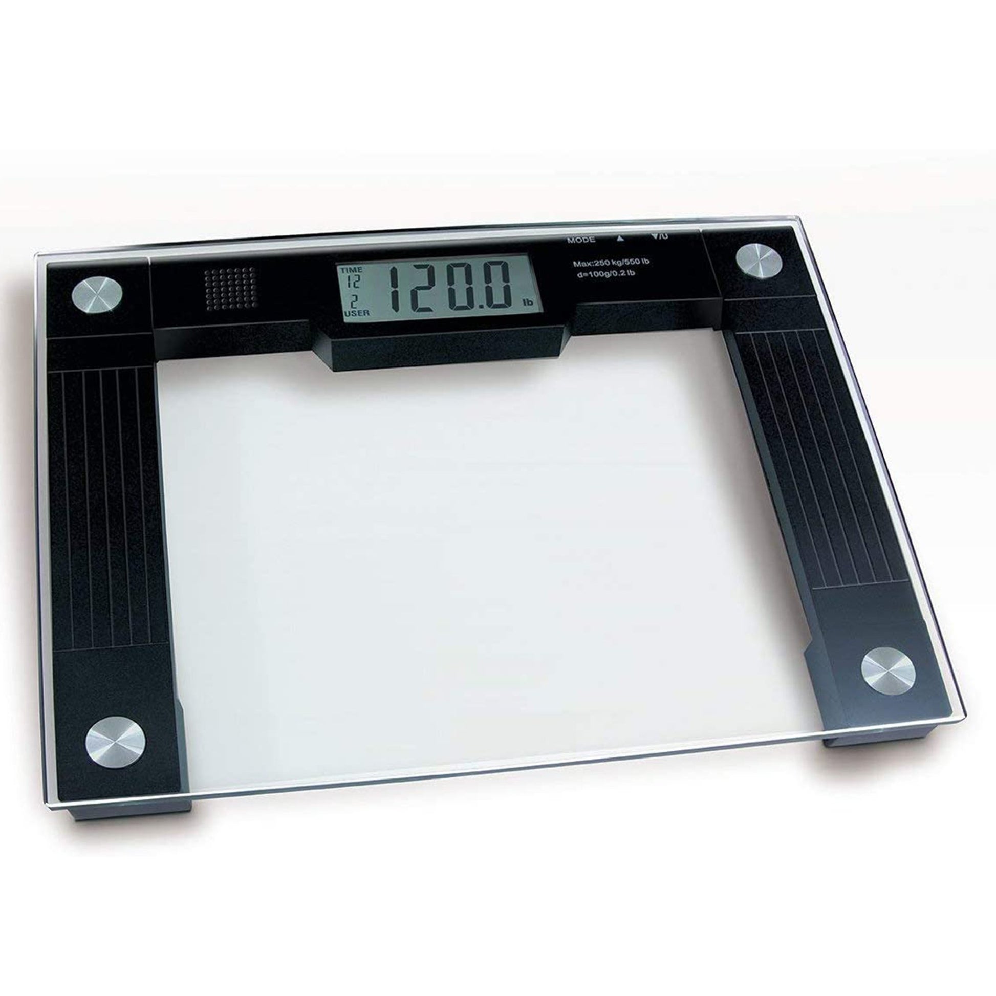 Clear glass scale with solid black rims and the weight displayed in the top center.