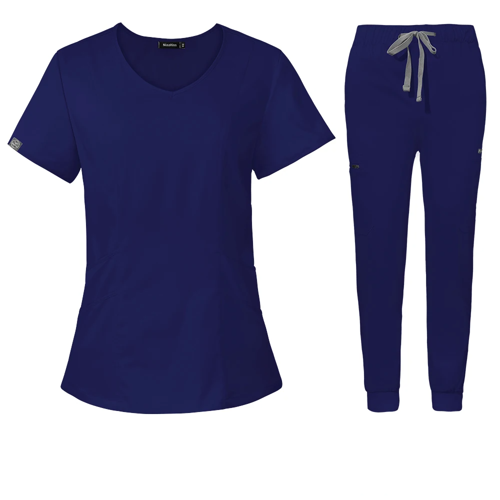 navy blue scrub set scoop neck style with jogger-style pants with elastic waistband and adjustable drawstrings