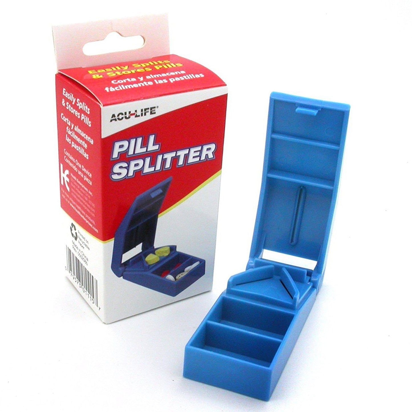 a blue acu-life pill splitter. Opens up and load one pill at a time to be split in half