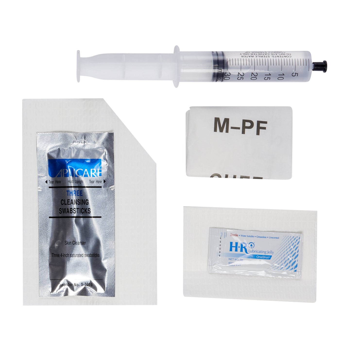 Catheter tray with prefilled syringe with sterile water, cleansing swab sticks, sterile gloves and lubricating gel