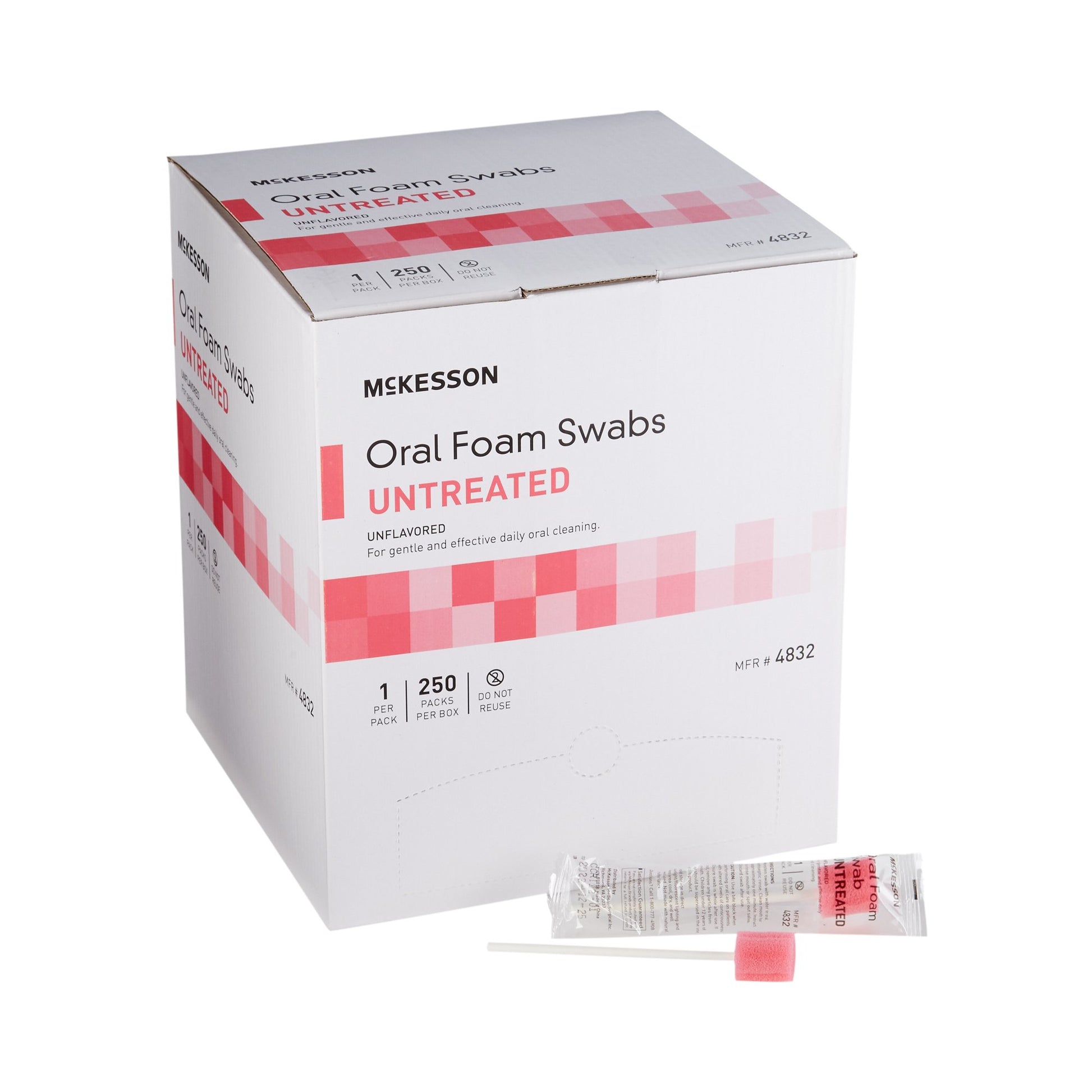 a box of mckesson oral foam swabs untreated, unflavored. pink swab at the end with handle.