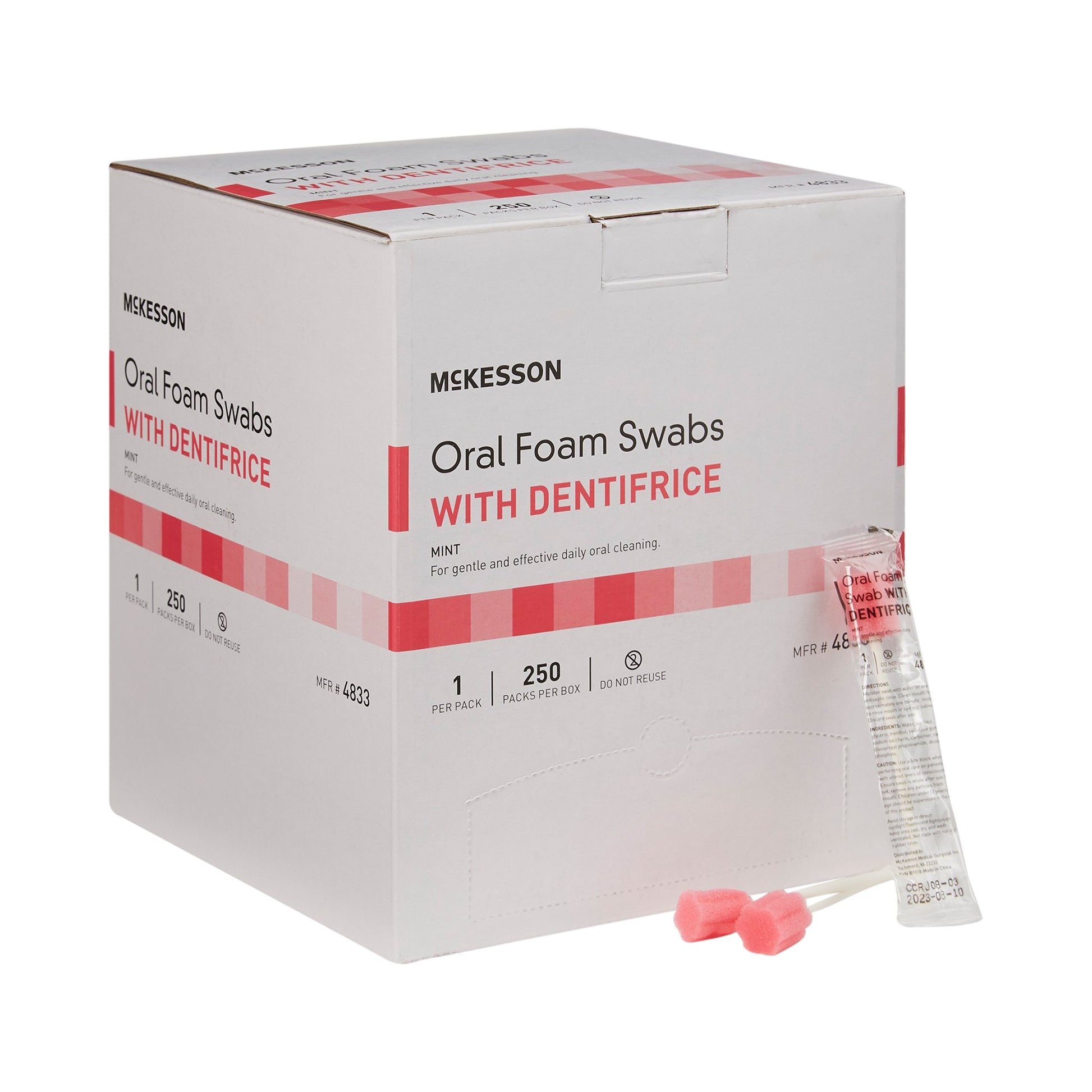 A box of mckesson oral foam swabs with dentifrice. Individually packaged. Pink foam on end with holder.