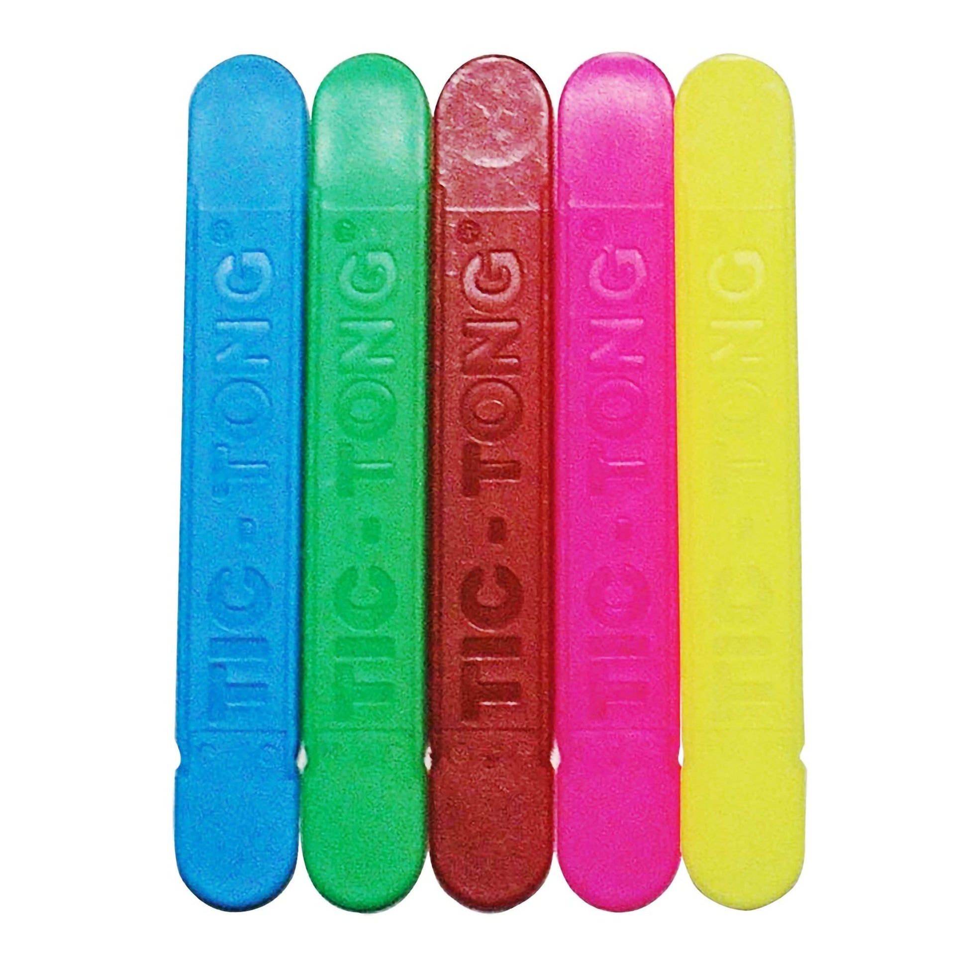 5 colorful tongue depressors tic-tong: blue, green, red, pink and yellow