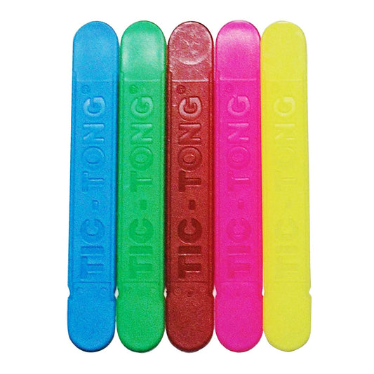 5 colorful tongue depressors tic-tong: blue, green, red, pink and yellow