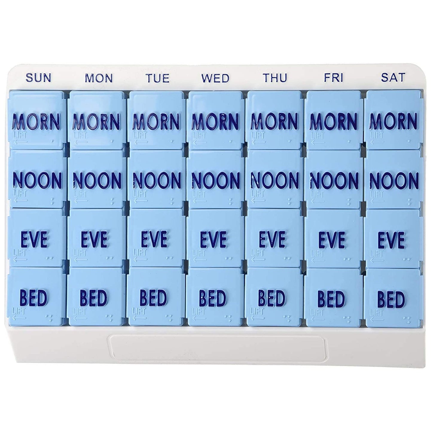 Pill Organizer 7 Day 4 Doses Per Day Easy Open Push Buttons Braille Markings