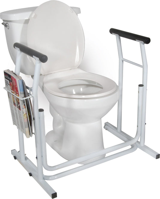 free-standing toilet safety rail with a magazine rack