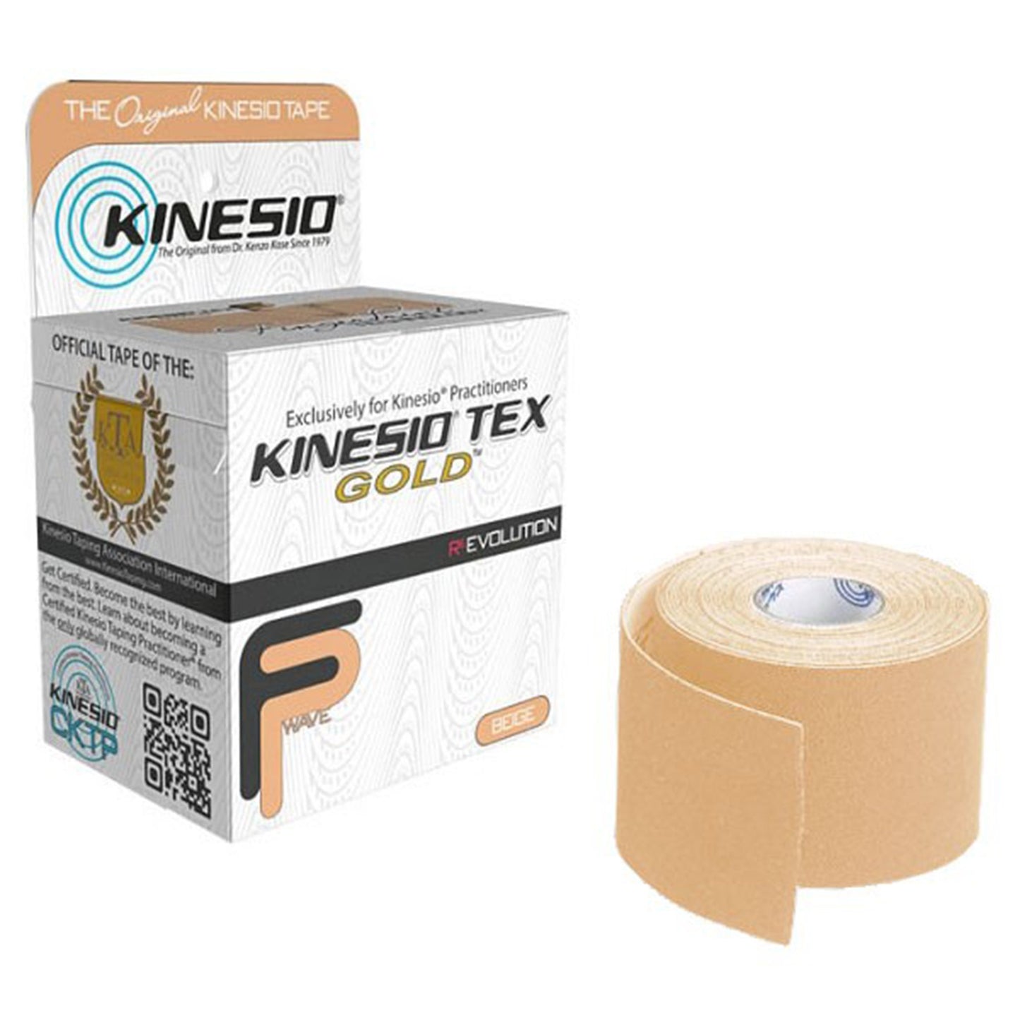 A box of kinesio tex gold with a roll of beige colored tape