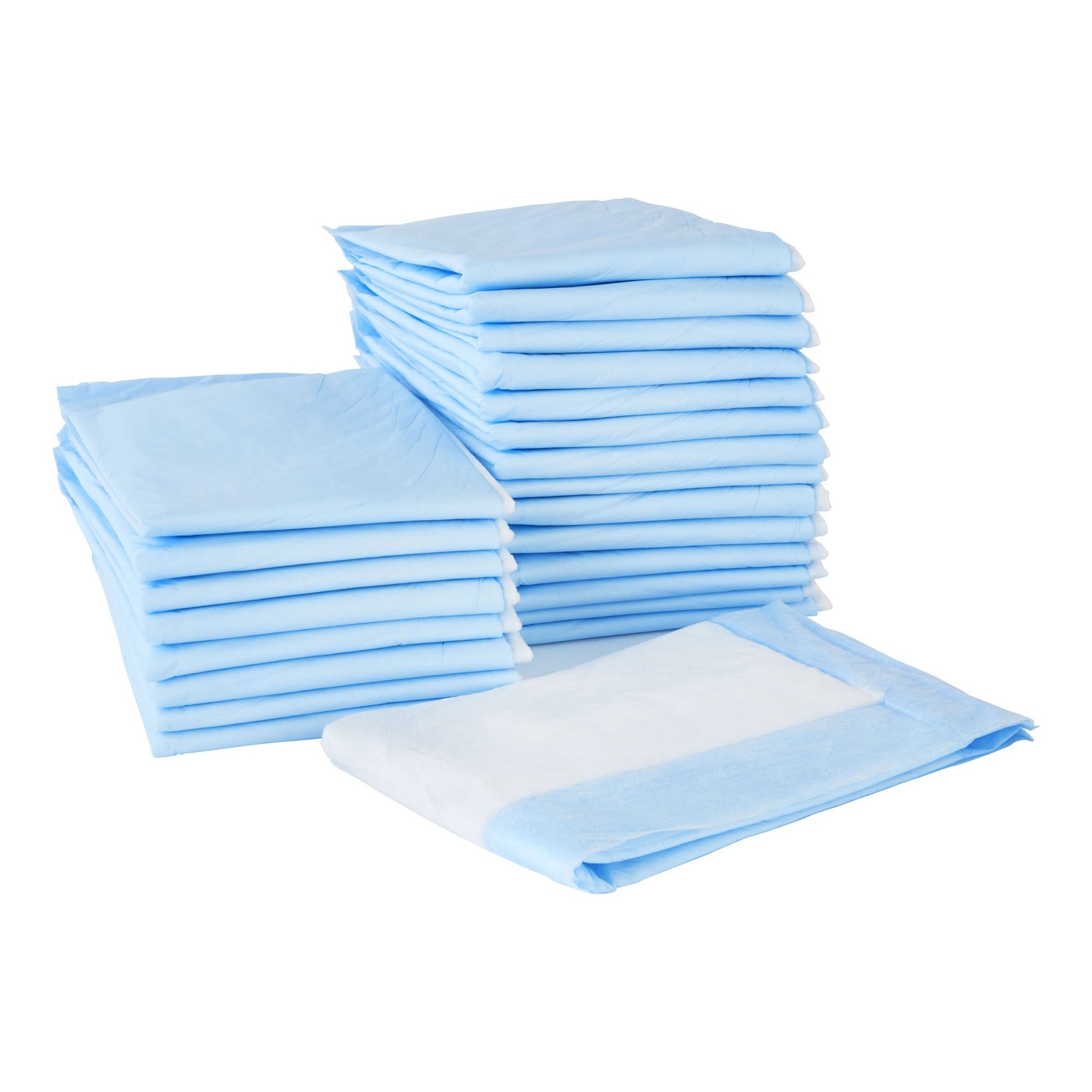 Blue chux/pads folded. Blue backside. Inner side with absorbent white pad with blue rim.