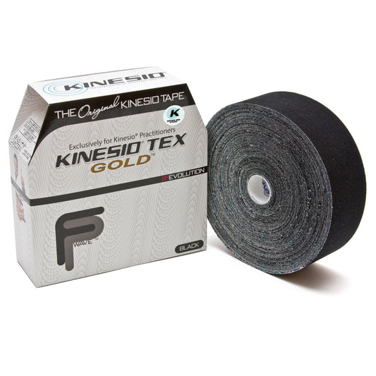 A box of Kinesio Tex Gold next to a roll of black tape