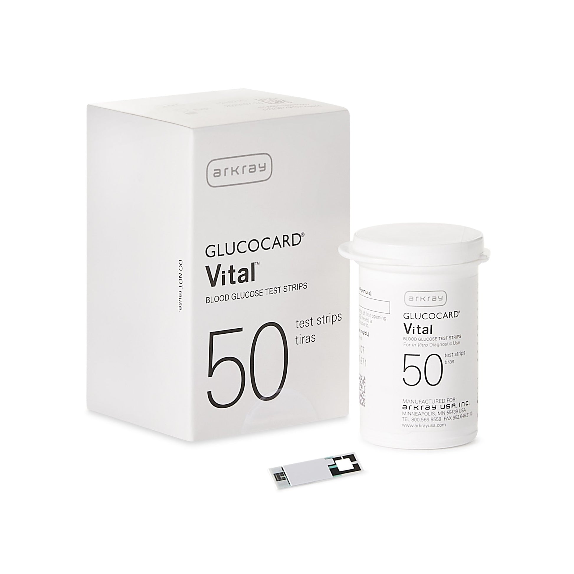 A box of glucocard vital test strips. 50 test strips per box.