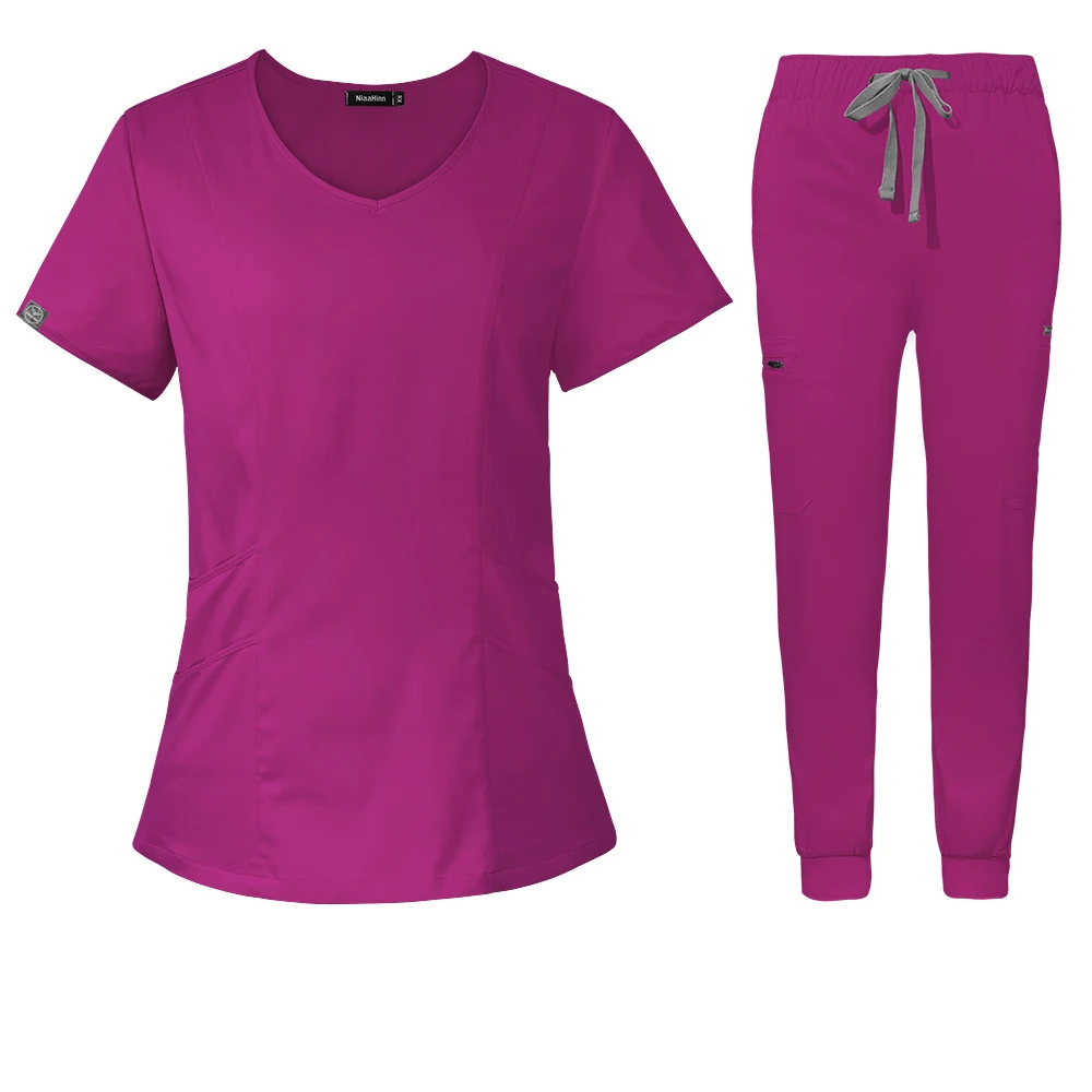 rose red scrub set scoop neck style with jogger-style pants with elastic waistband and adjustable drawstrings