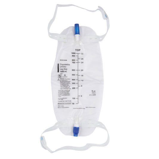 a mckesson disposable urinary leg bag. 1000 ml. top and bottom straps. White.