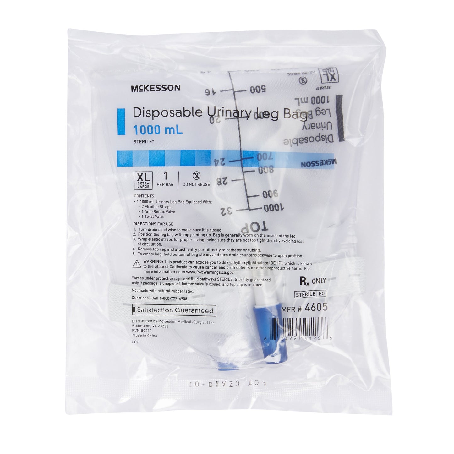 Urinary Leg Bag Anti-Reflux Valve Sterile 1000 mL Vinyl McKesson