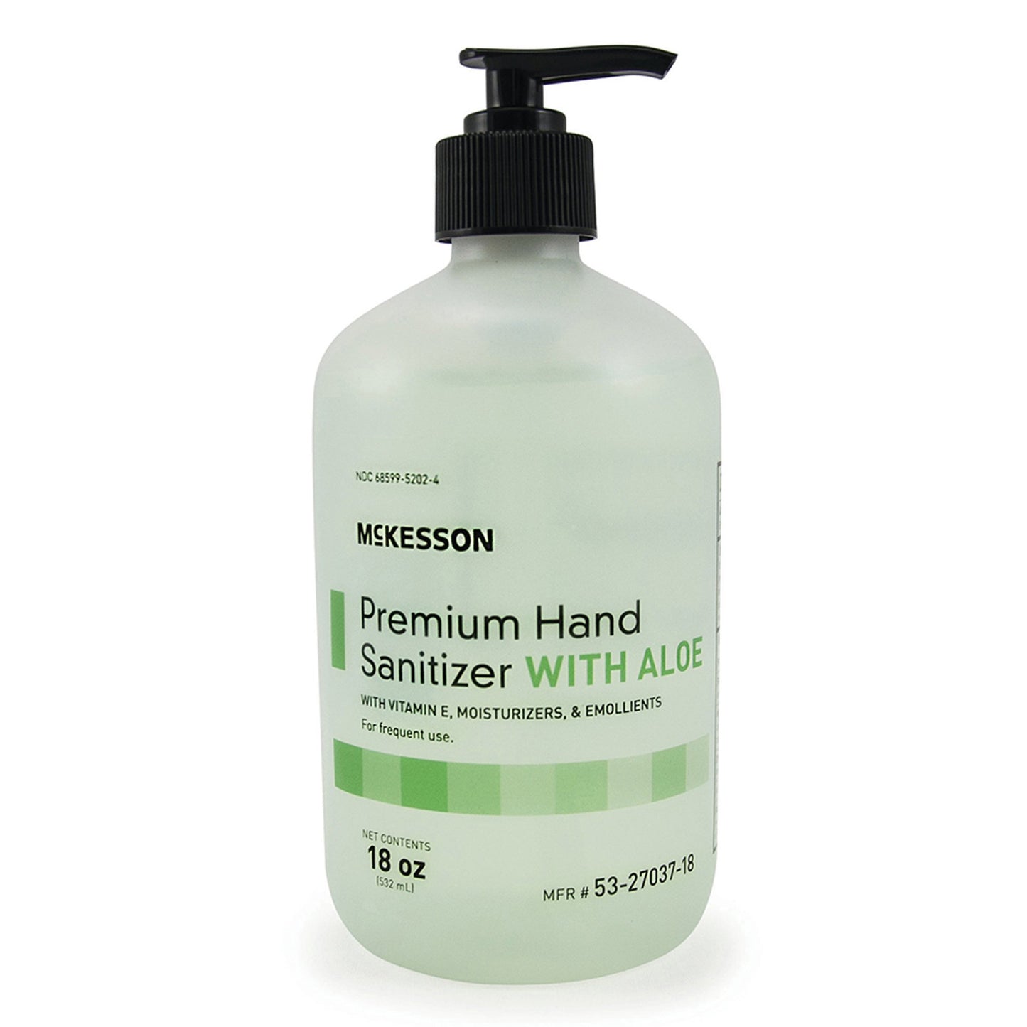 a bottle of mckesson premium hand sanitizer with aloe. 18 oz bottle. black pump lid.