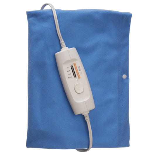 a rectangle blue heating pad with a setting control