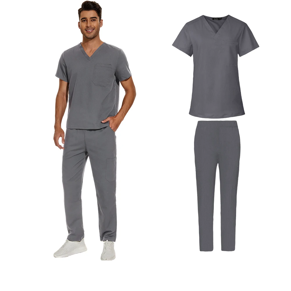 gray men's scrub set v-neck scrub top, straight leg pants