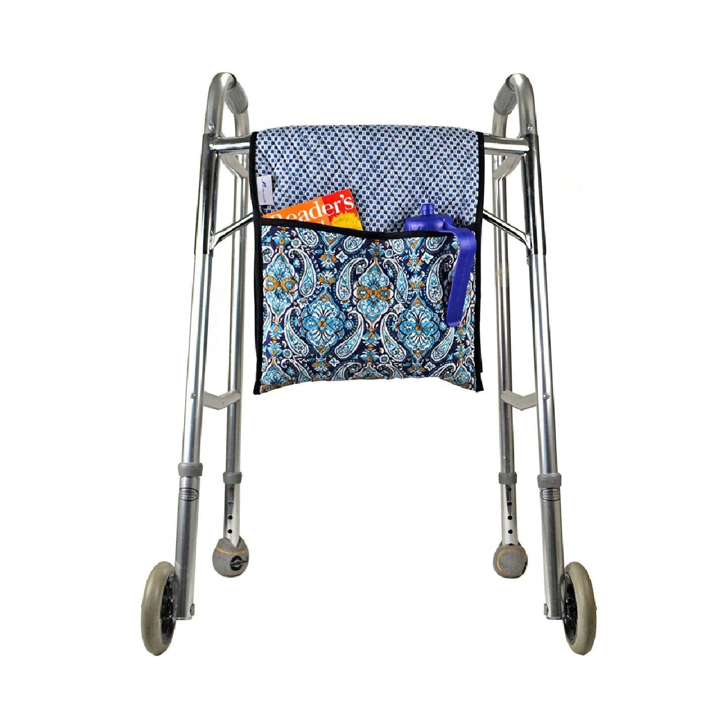 A walker with a print blue walker bag attached to the front frame. 