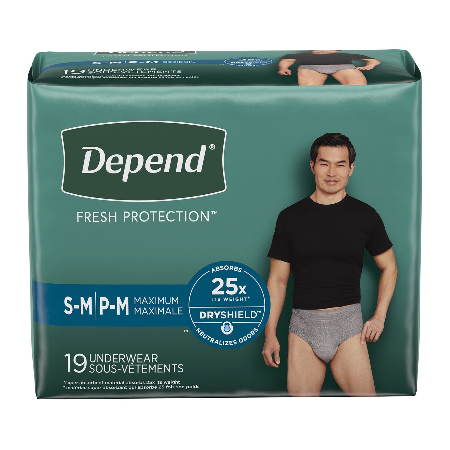 Depend fresh protection maximum absorbs 25x its weight. 19 underwear per box.