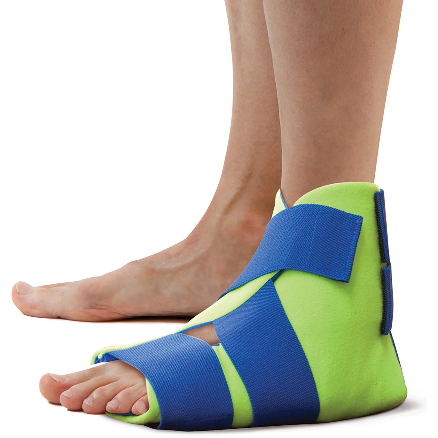 Green Cold Pack wrapped around ankle with blue vecros