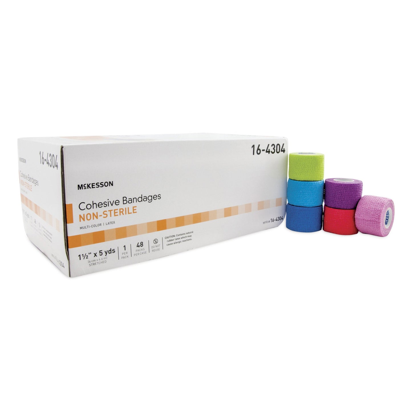 a box of mckesson cohesive bandages. 1-1/2 " by 5 yards. Multiple colors - green, light blue, blue, purple, pink, red