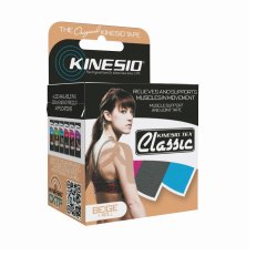 A box of kinesio classic tape with model on the front of the box with tapes on her R shoulder and upper arm.