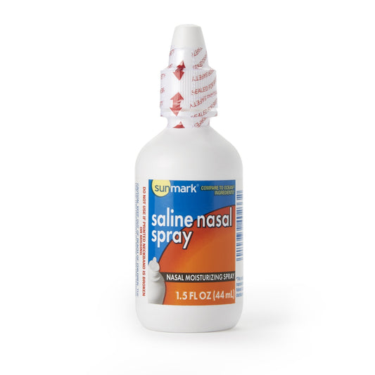 a bottle of sunmark saline nasal spray nasal moisturizing spray. 1.5 fl oz.