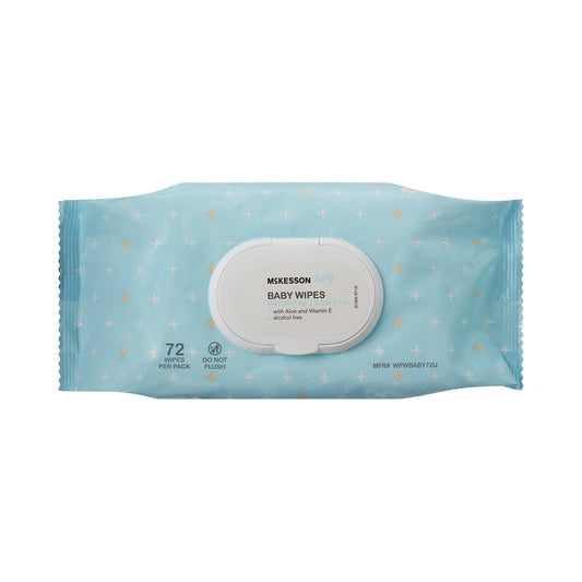 mckesson baby wipes. with aloe and vitamin e. alcohol free. 72 wipes per pack. strong, durable wipes.