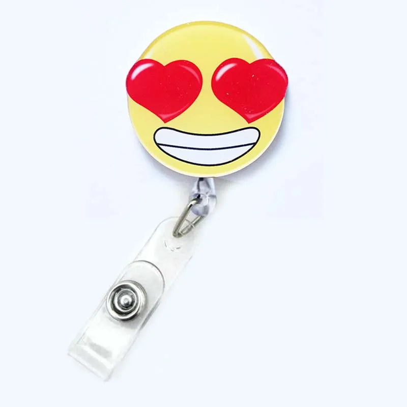 badge reel happy face with heart eyes emoji. Retractable