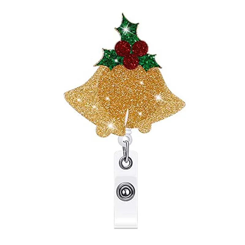 badge reel christmas bells. Retractable  with alligator clip.