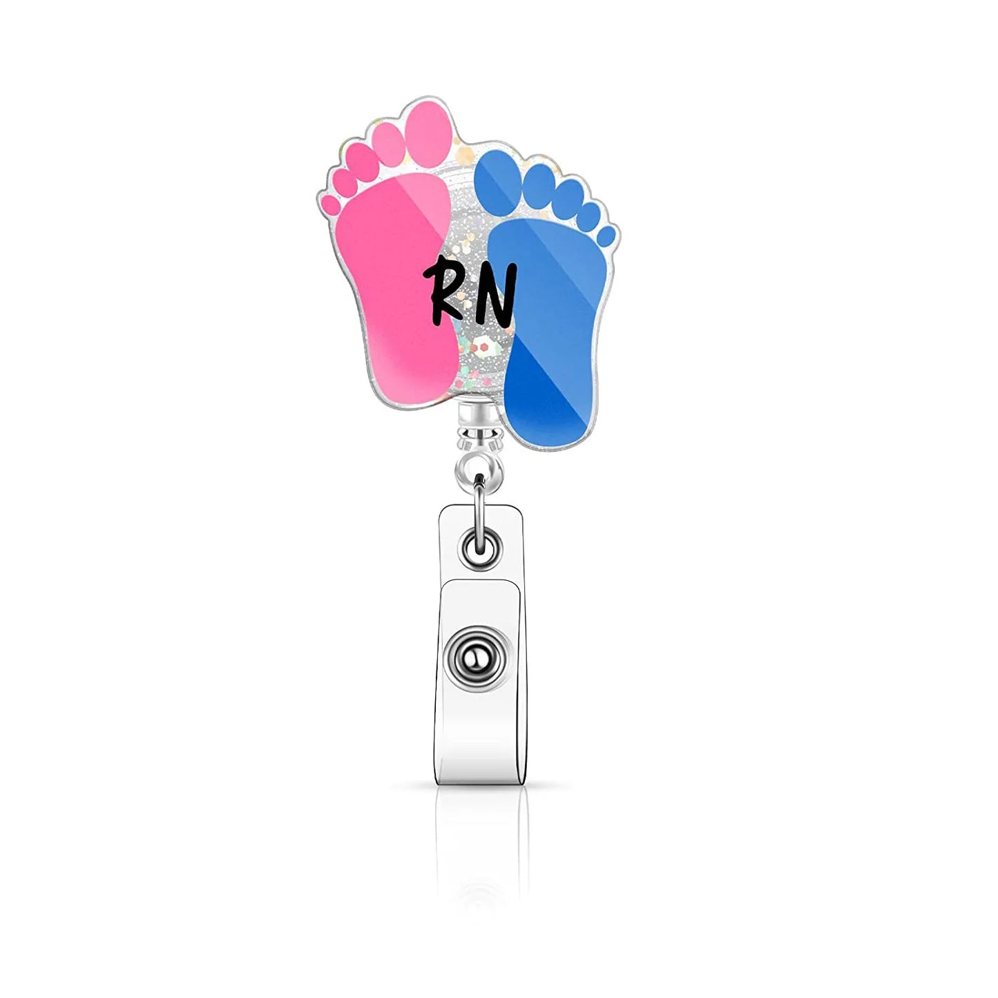 badge reel with baby feet "RN". Retractable, alligator clip