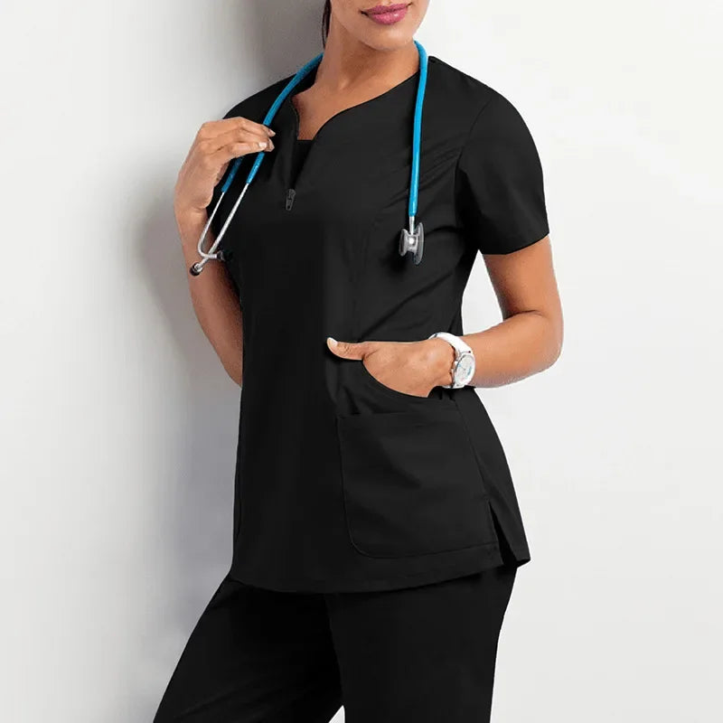 black scrub set. jogger style scrub pant, tunic neckline scrub top