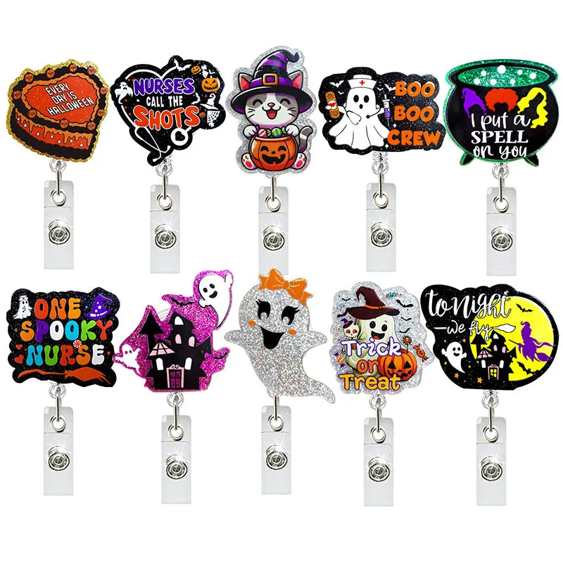 Halloween badge reels - "every day is halloween", "nurses call the shots", "boo bo crew", "I put a spell on you", "one spooky nurse", "trick or treat", "tonight we fly"