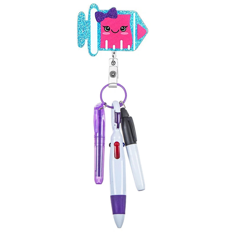 syringe badge reel with pen set - highlighter, pen, permanent marker