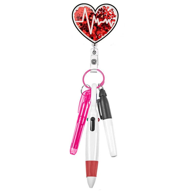 badge reel heart with EKG with pen set - highlighter, pen, permanent marker