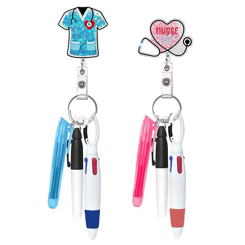 badge reels with pen set - highlighter, pen, permanent marker