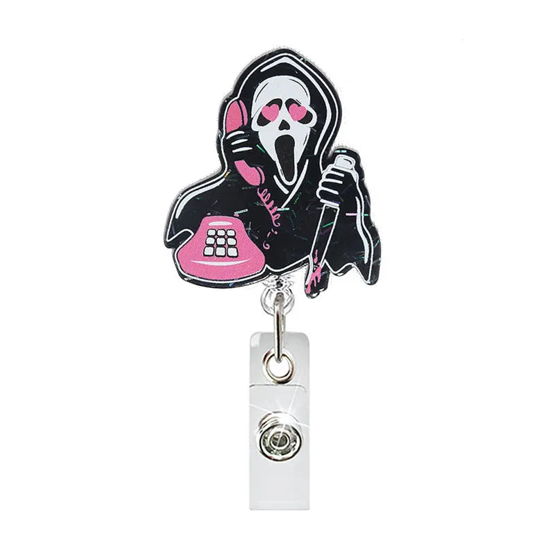 badge reel with a ghost picking up the phone with a knife on the other hand. Retractable, alligator clip.