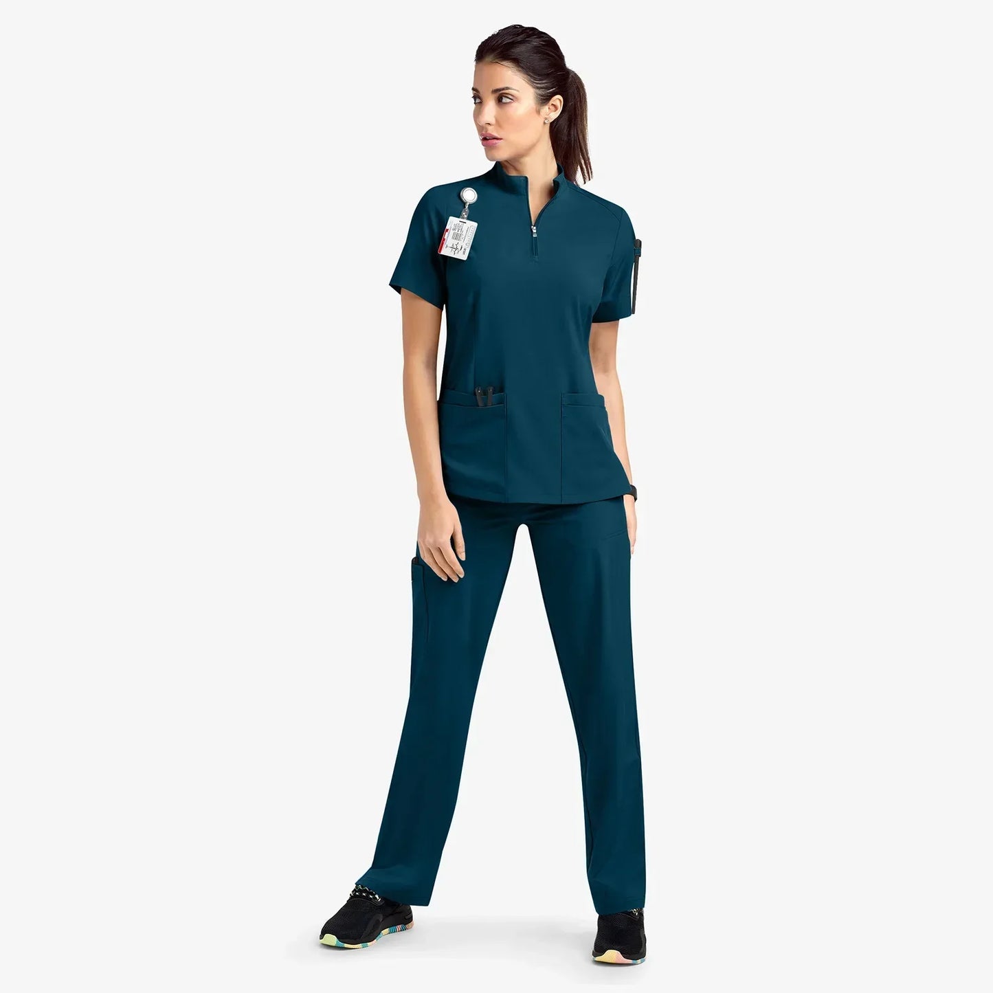 navy bluel scrub set. scrub top with zippered neckline, multiple pockets.