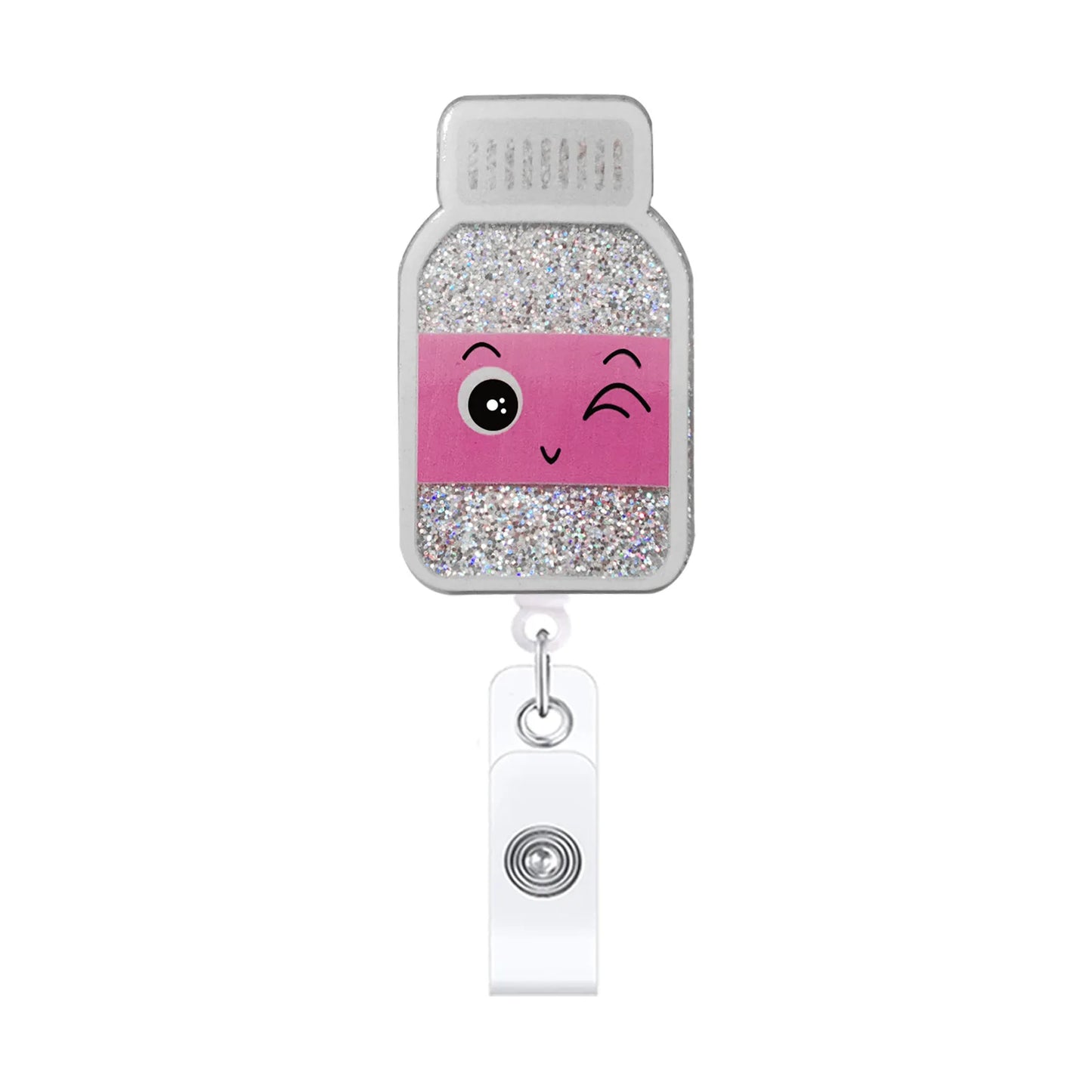 badge reel glittery pill box with winky face emoji with retractable cord with clasp