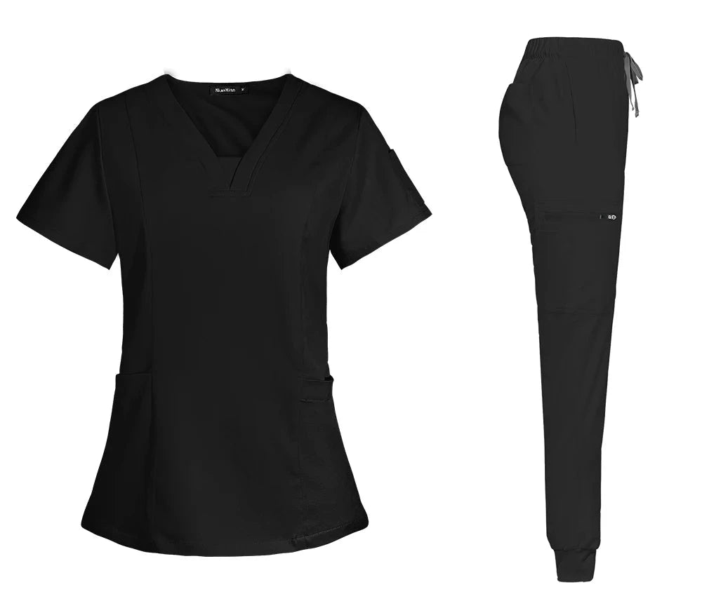 black women scrub set with v-neck top with pockets, jogger-style pants with back, front and side pockets